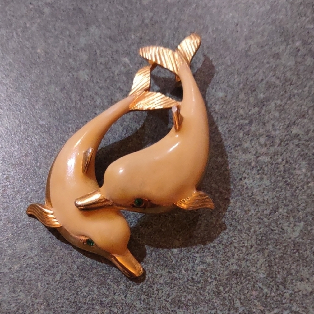 Charming Vintage Gold and Tan Dolphin Pendant